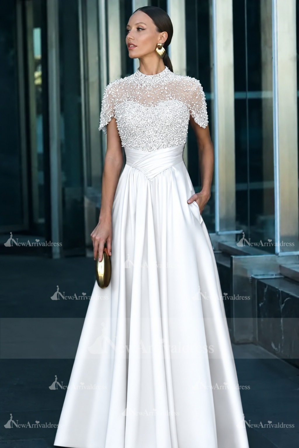 Dark Green Short Sleeves  Satin A-line Evening Dress with Beadings
