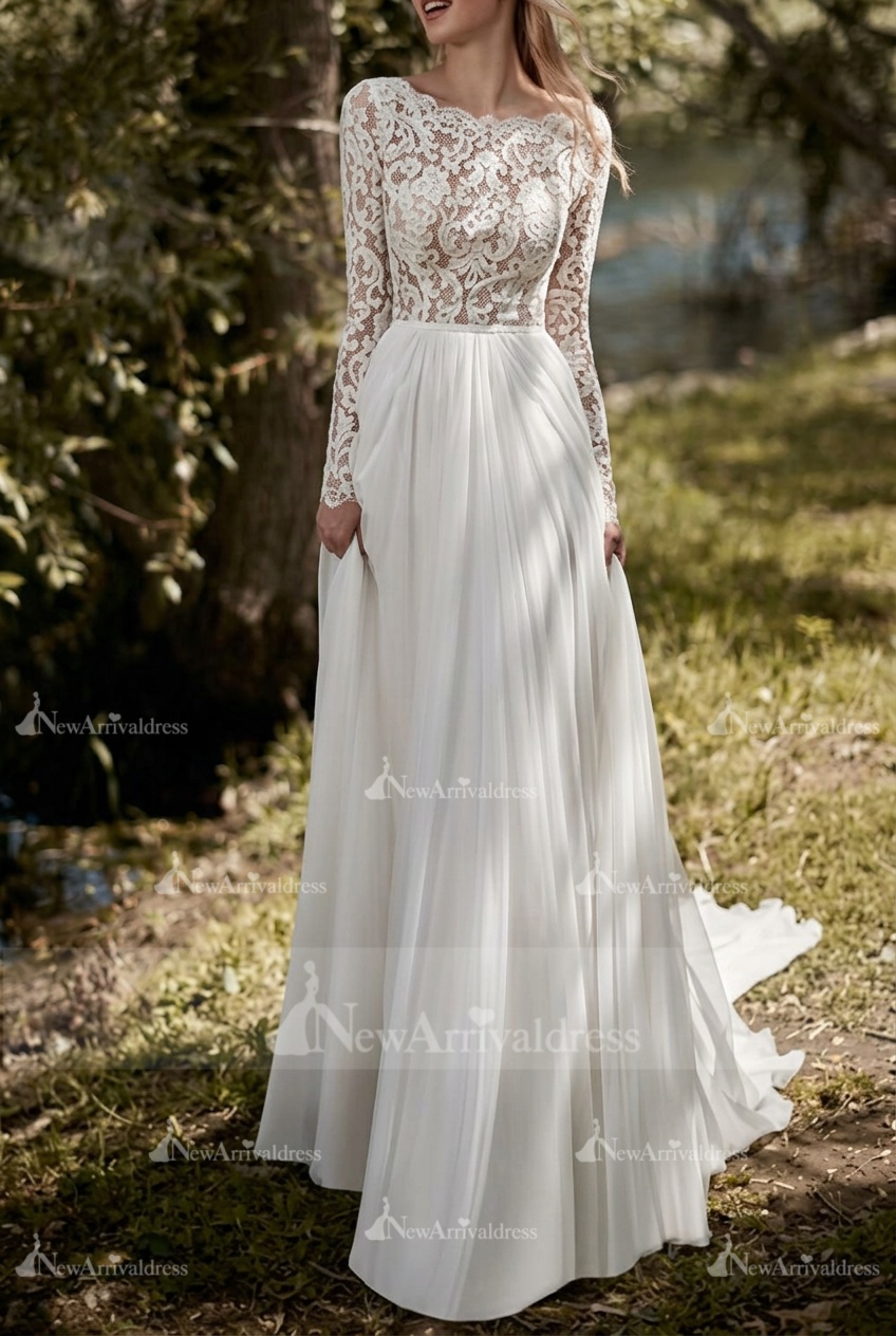 Boho Wedding Dresses Jewel Neck Long Sleeve A Line Floor Length Chffion Bridal Dress For Beach Wedding