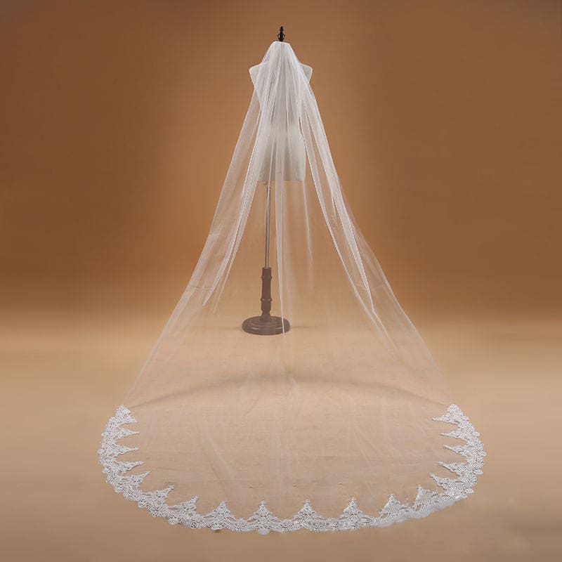 White Ivory Long Bridal Veil with Lace Appliques - One Size(Only can Buy 1 Per Person) - Wedding Veil