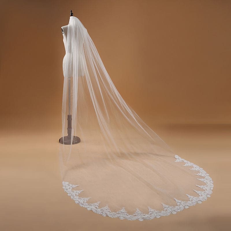 White Ivory Long Bridal Veil with Lace Appliques - One Size(Only can Buy 1 Per Person) - Wedding Veil