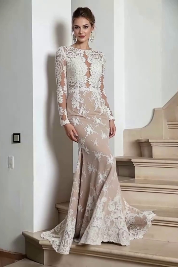 White Lace Appliques Mermaid Evening Dresses Long Sleeves-newarrivaldress