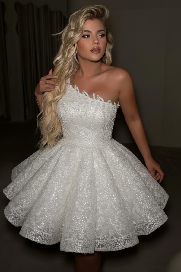 One Shoulder Sequins Short Prom Dress Gold Aline Homecoming Dress