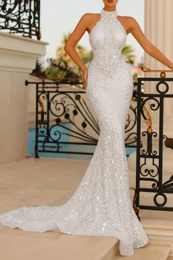 Champagne Halter Long Mermaid Prom Party Dress with Glitter Beadings