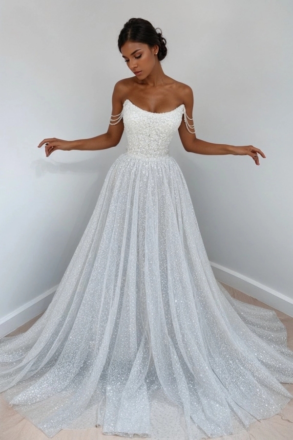 Beautiful Long A-line Sweetheart Sequined Prom Dress Off Shoulder Sky Blue Long Evening Dress