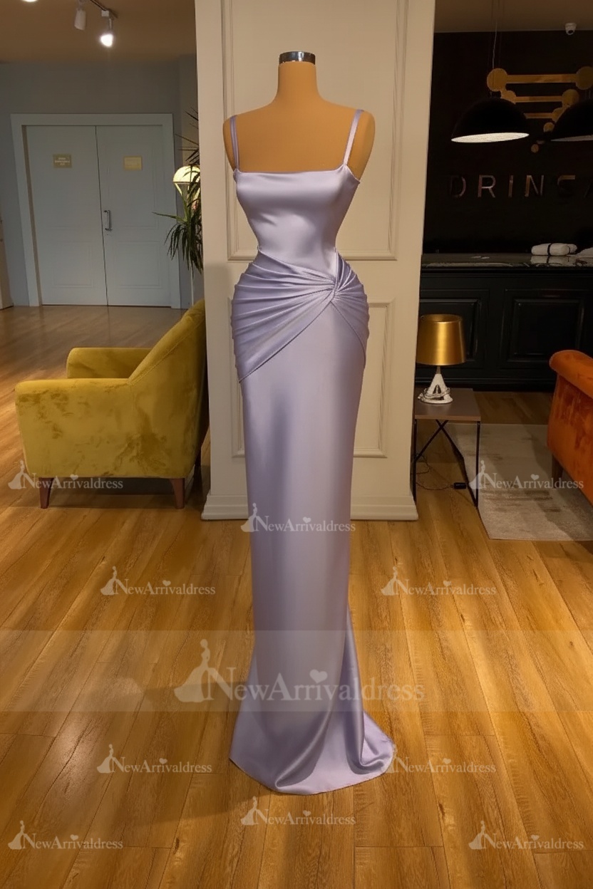 Chic Sky Blue Square Neck Slim Evening Party Wear Dress Sleeveless Satin Prom Dress