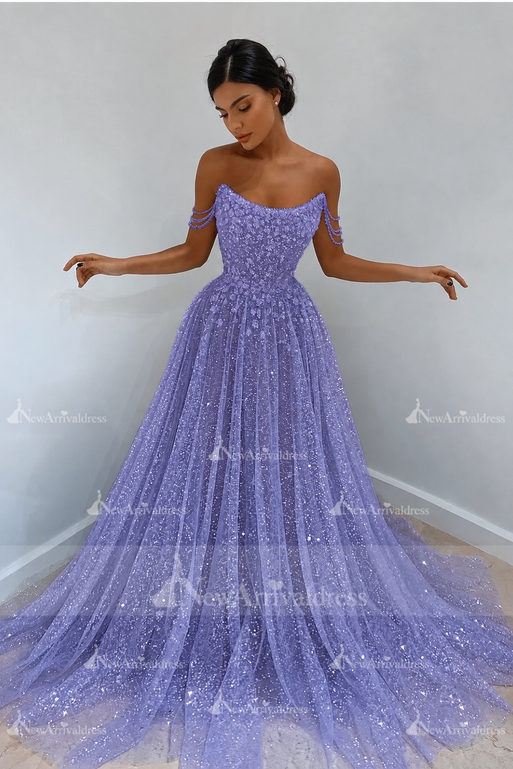 Beautiful Long A-line Sweetheart Sequined Prom Dress Off Shoulder Sky Blue Long Evening Dress