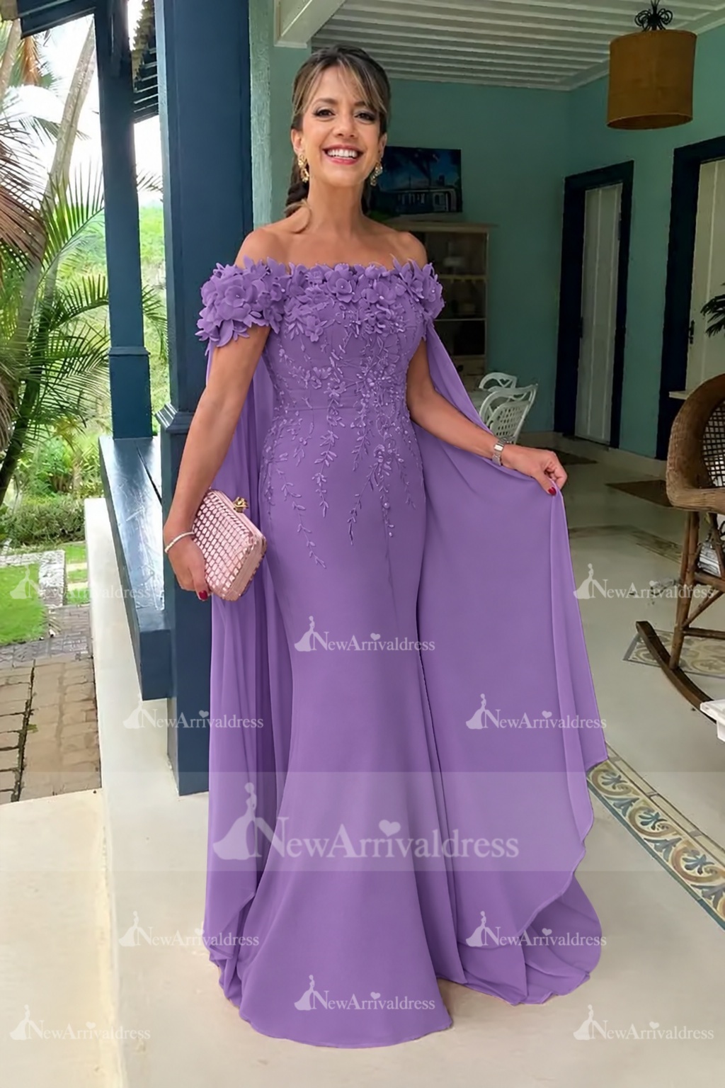 Off-the-Shoulder Pink Chiffon Flowers Long Mother of the Bride Dress with Cape