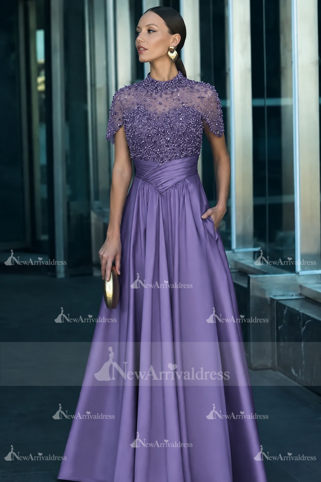Dark Green Short Sleeves  Satin A-line Evening Dress with Beadings