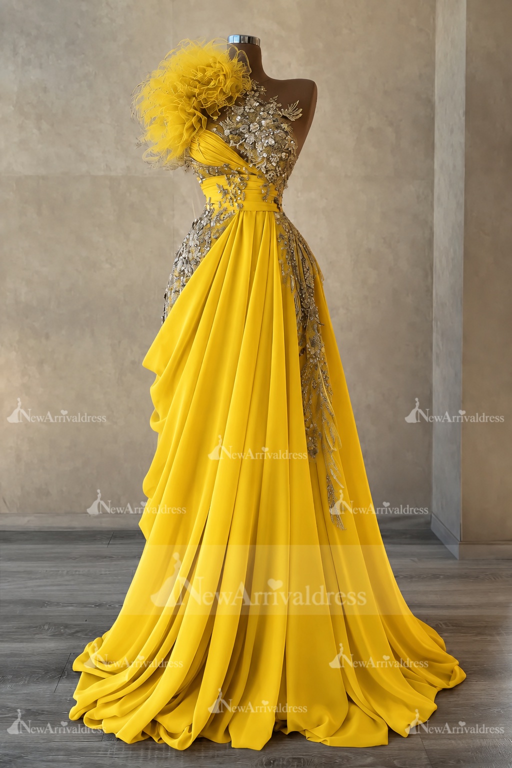 Stunning One Shoulder Flowers Ruched Satin Evening Dress Appliques Aline Party Dress