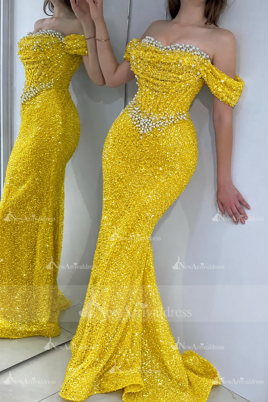 Gorgeous Off-the-Shoulder Sequins Pearls Bodycon Prom Dress Glitter Sweetheart Evening Dress