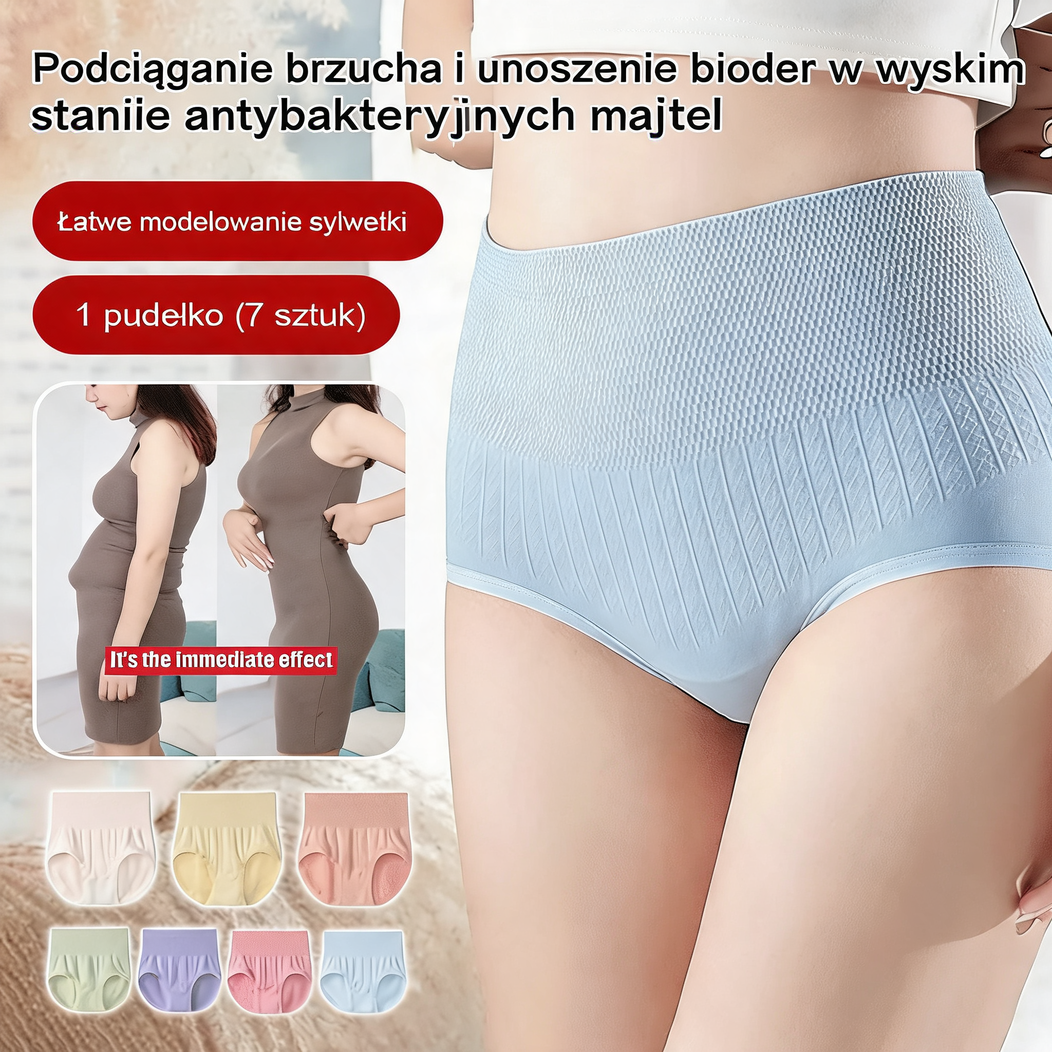 Bezszwowe Majtki Wyszczuplające z Wysokim Stanem | Antybakteryjne | Zestaw 7 Par
