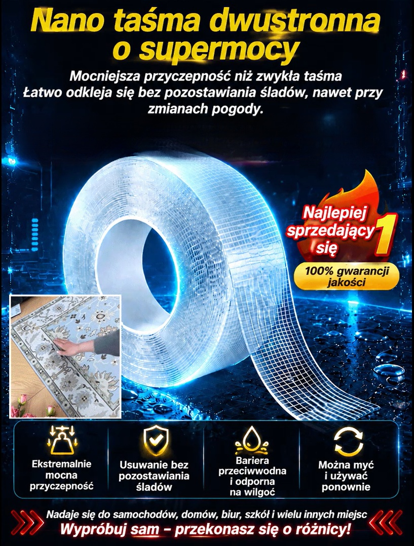 【Hit 2026】Dwustronna Taśma Siatkowa Nano | Udźwig 5KG, Rwij Ręką, Zero Śladów na Ścianie