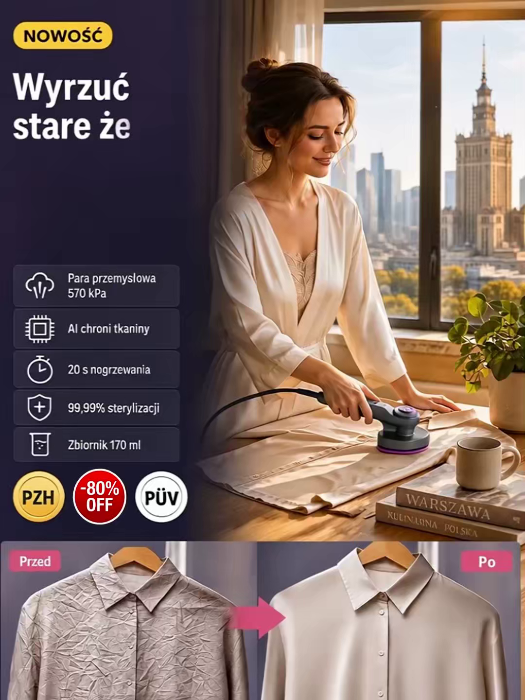 【Hit】Ręczna Parownica do Ubrań 570kPa | 20s Nagrzewania | Obrotowa Rączka 90°