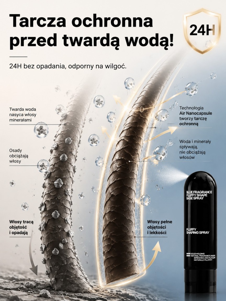 Powietrzny Spray 3D do Objętości Włosów – Uniesienie +300% i 24h Ochrona przed Twardą Wodę