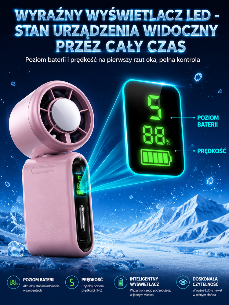 [#1 Hit Lata] Przenośny Klimatyzator z Lodowym Kompresem i LED | -10°C w 3s | Bateria 12h | Płatność przy Odbiorze