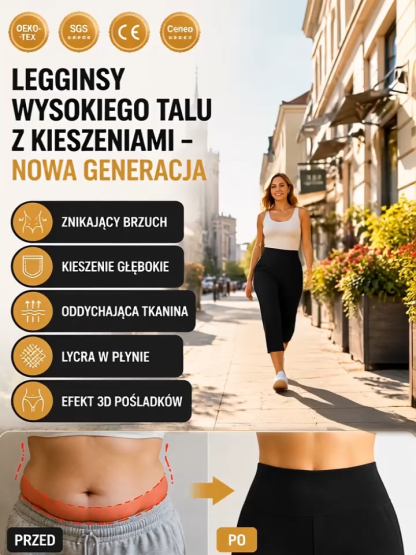 Modelujące Legginsy z Wysokim Stanem | Efekt Optyczny -5kg | Głębokie Kieszenie