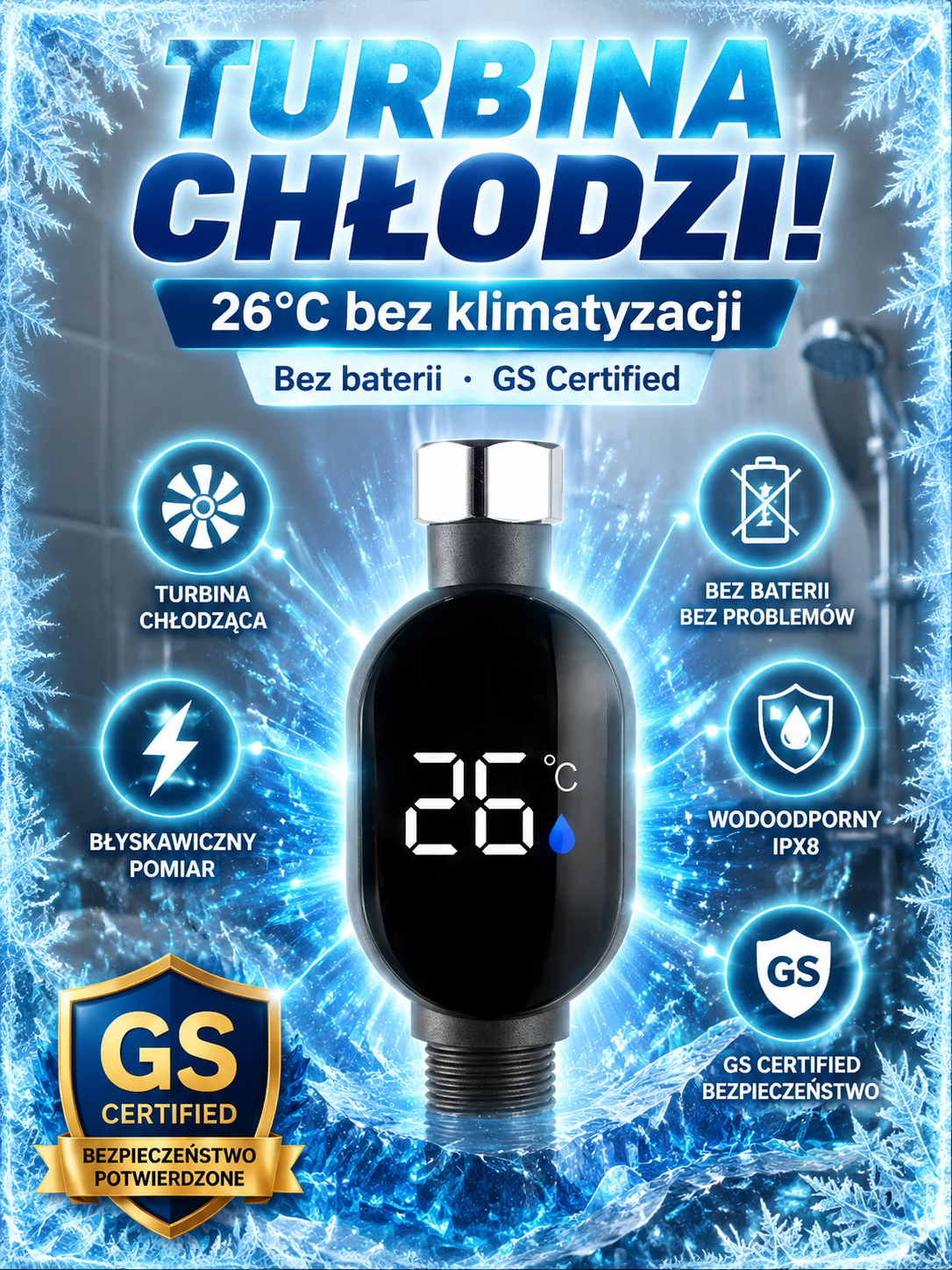 Inteligentny Termometr Prysznicowy LED | Bez Baterii, Ochrona Przed Poparzeniem