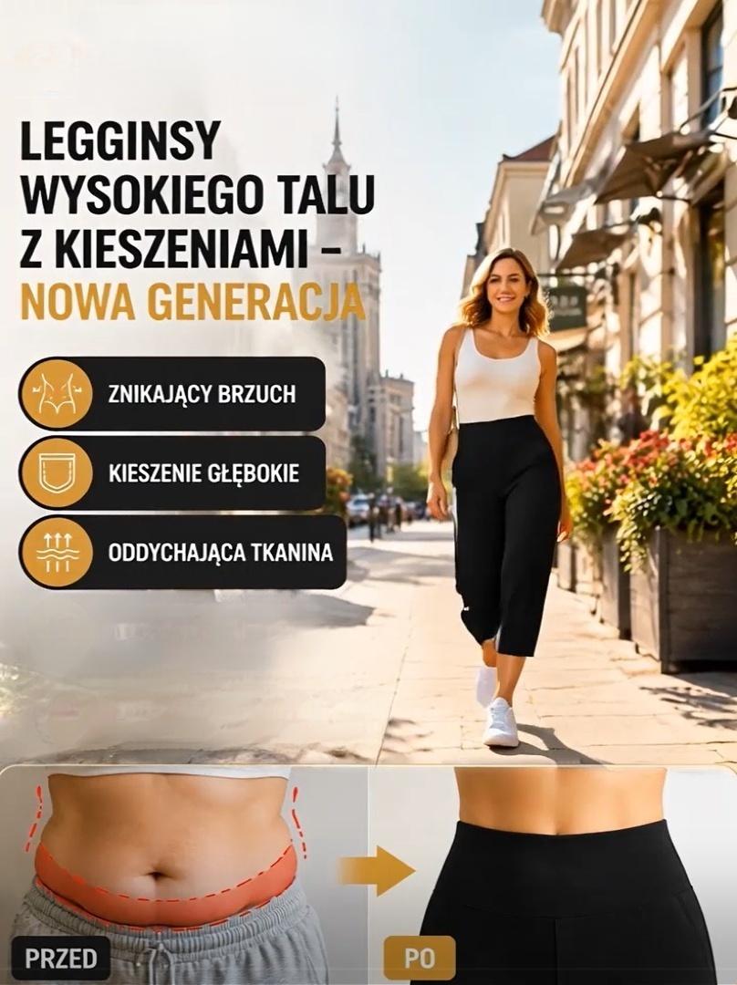 Modelujące Legginsy z Wysokim Stanem | Efekt Optyczny -5kg | Głębokie Kieszenie