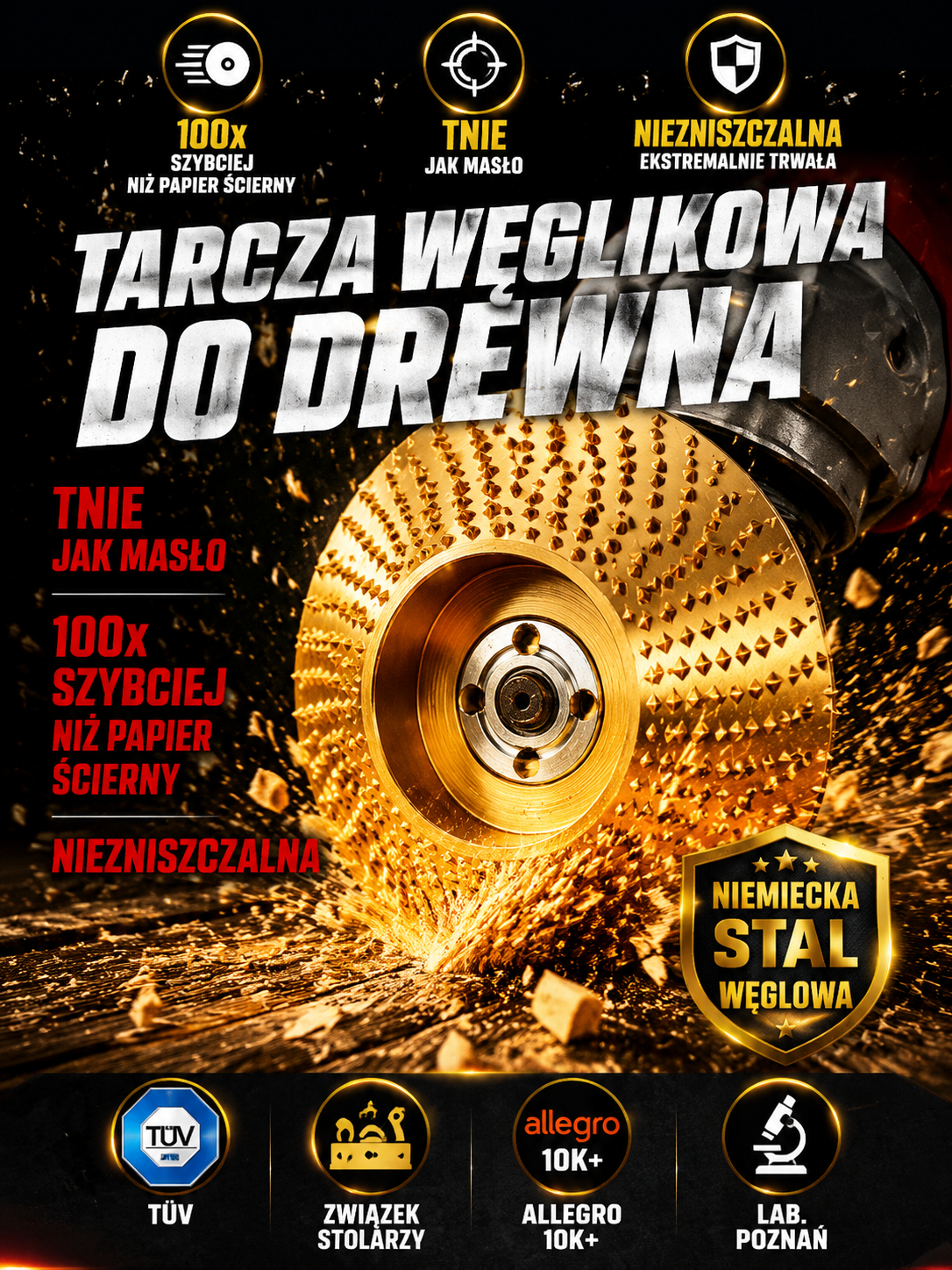 Niemiecka Tarcza z Węglika Wolframu do Drewna | 1 Tarcza = 50 Papierów | + Rękawice GRATIS