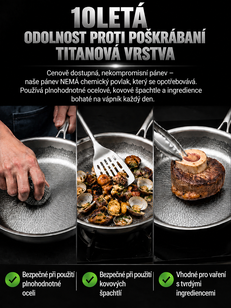 5vrstvá ocelová pánev bez povlaku s titanovou texturou [Do trouby 500 °C] – Fyzicky nepřilnavá, odolná drátěnce (Záruka 10 let)