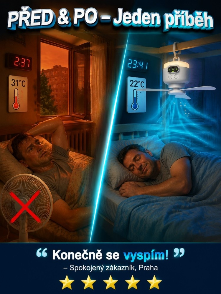 🌟 3v1: Bezdrátový Ventilátor + LED Světlo + 8000mAh Powerbanka | 10h+ Výdrž, Zavěšení za 1s