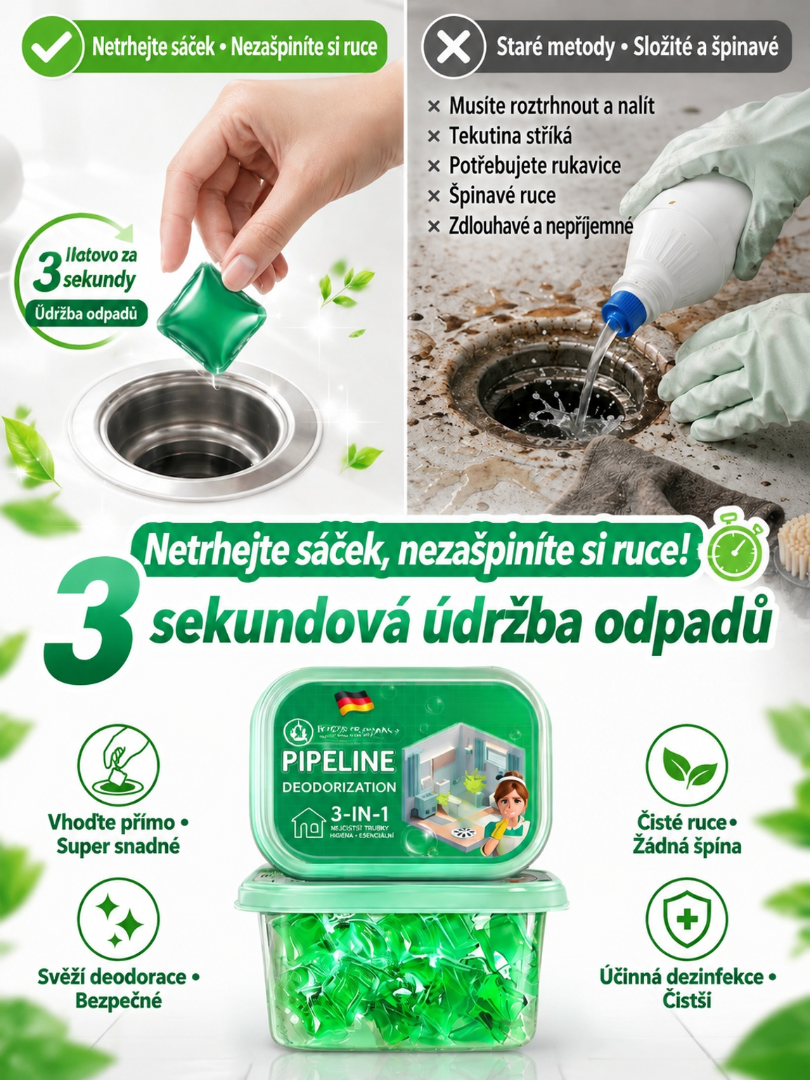 【Pro každý odpad】 Silné vodorozpustné kapsle na čištění a zápach