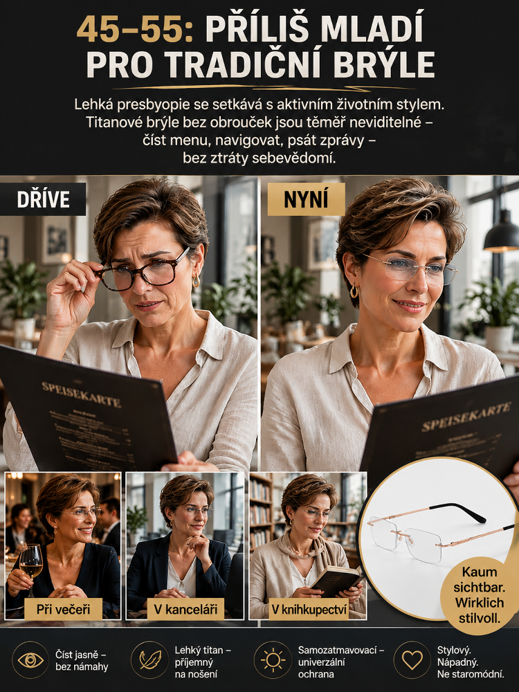  Bezrámové Titanové Multifokální Brýle – 3s Samozabarvovací a Filtr Modrého Světla