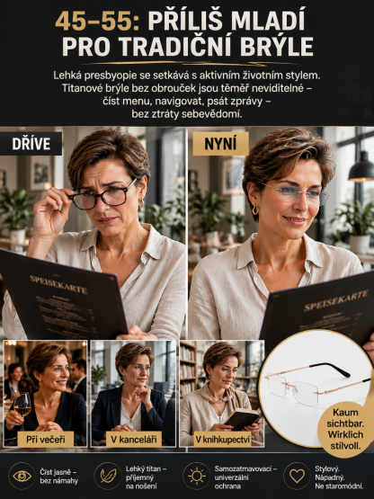  Bezrámové Titanové Multifokální Brýle – 3s Samozabarvovací a Filtr Modrého Světla