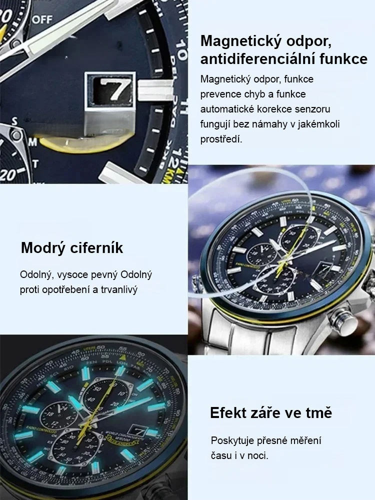 【Solární & Rádiově řízené】Pilotní hodinky Blue Angel | Vodotěsnost 200m / 3 oči / Luminiscence