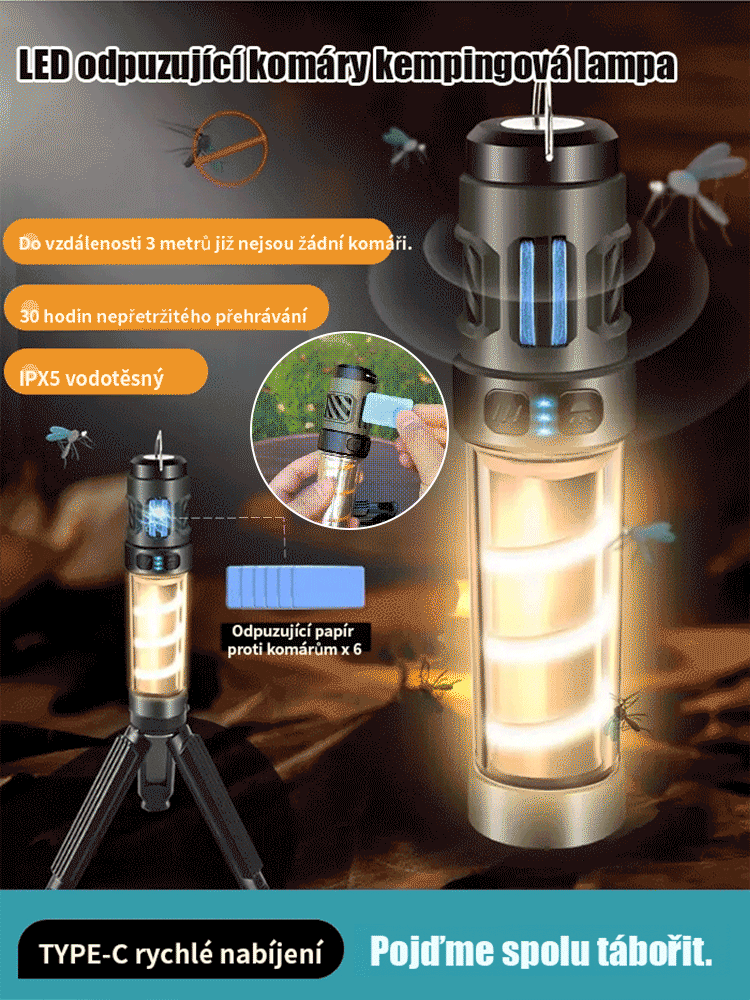Multifunkční magnetický odpuzovač komárů a kempingová svítilna