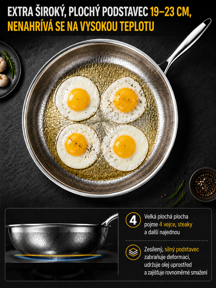 5vrstvá ocelová pánev bez povlaku s titanovou texturou [Do trouby 500 °C] – Fyzicky nepřilnavá, odolná drátěnce (Záruka 10 let)