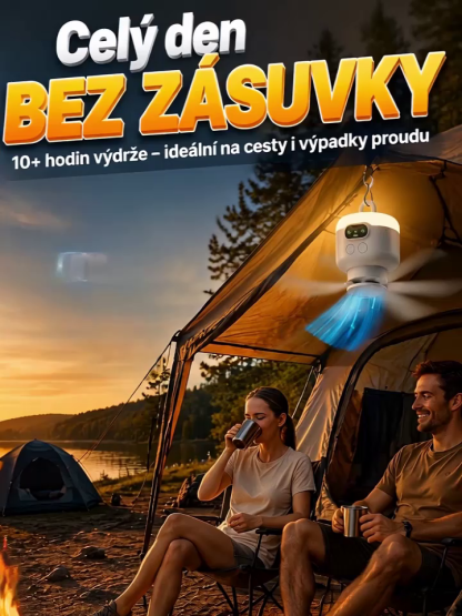 🌟 3v1: Bezdrátový Ventilátor + LED Světlo + 8000mAh Powerbanka | 10h+ Výdrž, Zavěšení za 1s