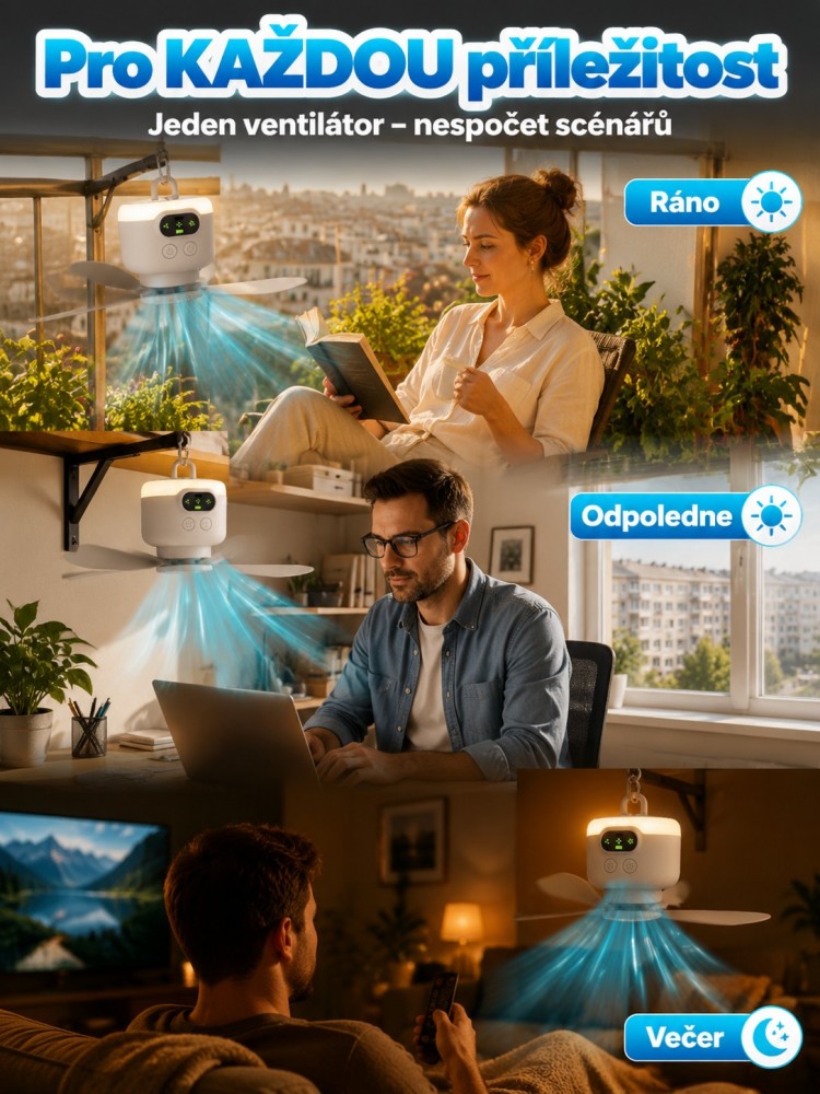 🌟 3v1: Bezdrátový Ventilátor + LED Světlo + 8000mAh Powerbanka | 10h+ Výdrž, Zavěšení za 1s