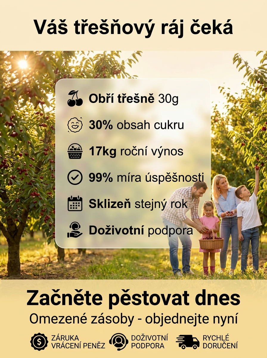 🏆 LÍDR NA TRHU | Sazenice třešně Regina bez pecek (30g plody) | 30% cukru | Letos zasadíte, letos sklidíte!