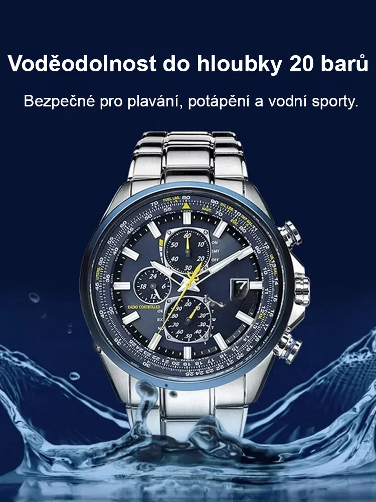 【Solární & Rádiově řízené】Pilotní hodinky Blue Angel | Vodotěsnost 200m / 3 oči / Luminiscence
