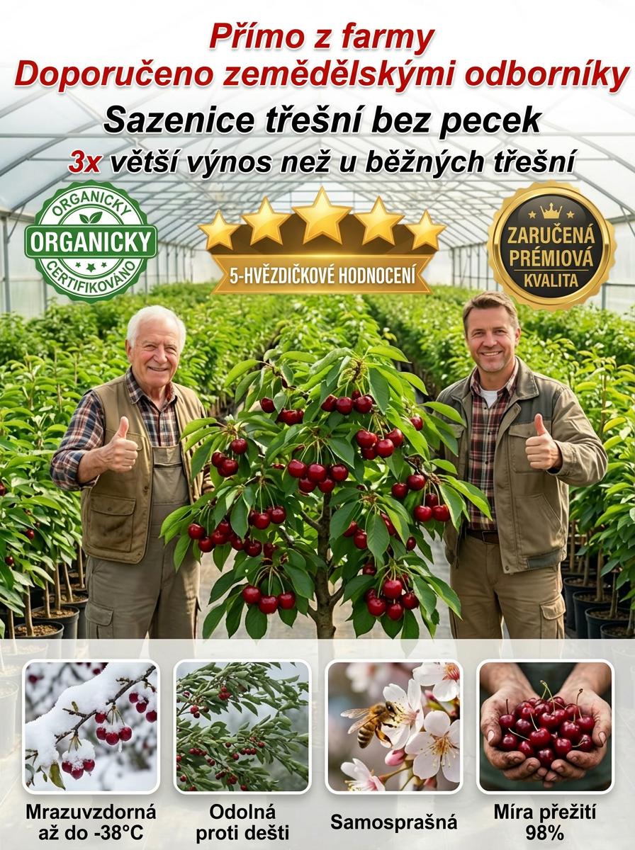 🏆 LÍDR NA TRHU | Sazenice třešně Regina bez pecek (30g plody) | 30% cukru | Letos zasadíte, letos sklidíte!