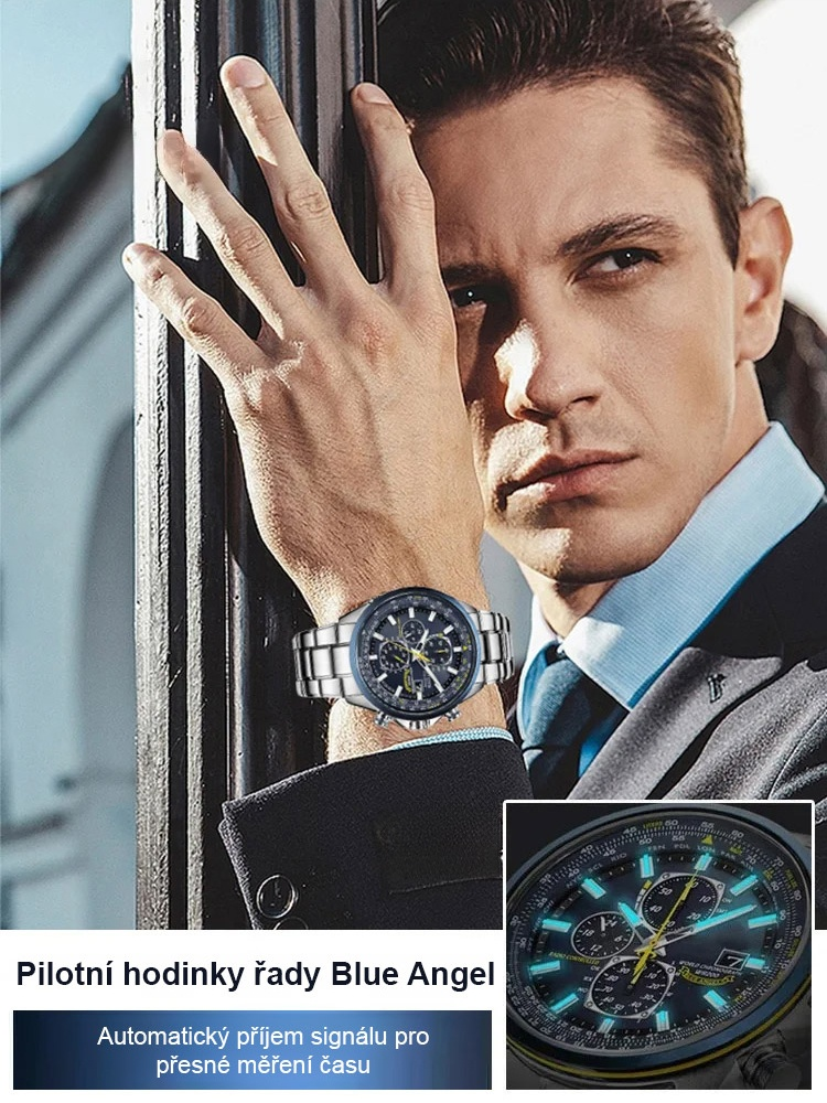 【Solární & Rádiově řízené】Pilotní hodinky Blue Angel | Vodotěsnost 200m / 3 oči / Luminiscence