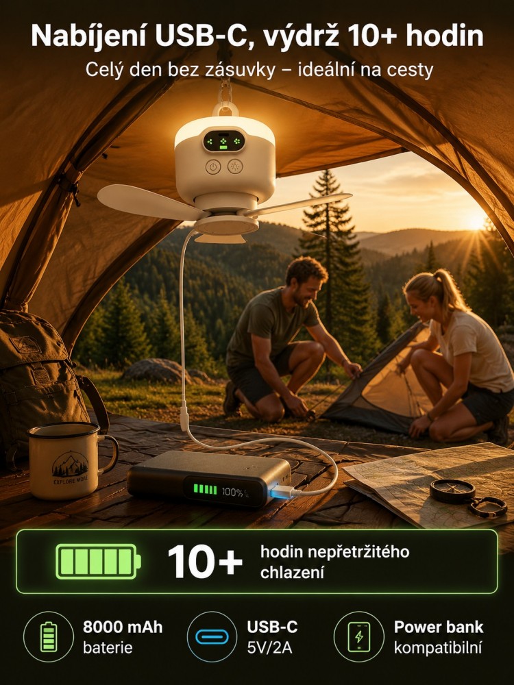🌟 3v1: Bezdrátový Ventilátor + LED Světlo + 8000mAh Powerbanka | 10h+ Výdrž, Zavěšení za 1s