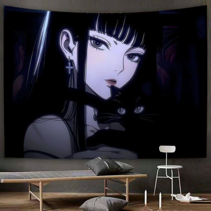 Anime Girl Black Cat Indoor Wall Tapestry