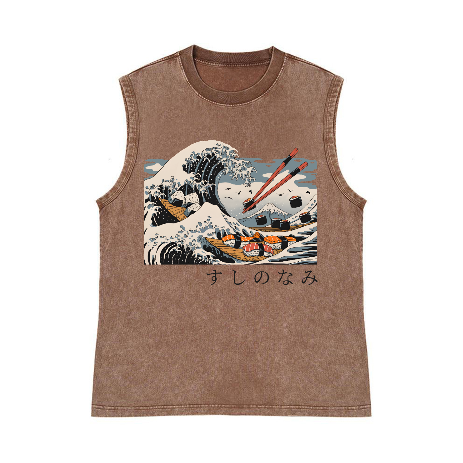 Sushi Katsushika Hokusai Pure Cotton Wash-Dyed Sleeveless Tank Top