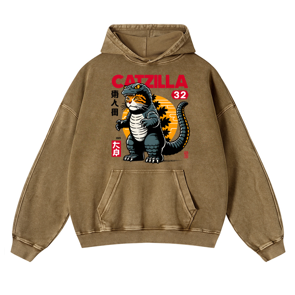 Catzilla Kaiju Vintage Washed Thick Cotton Hoodie