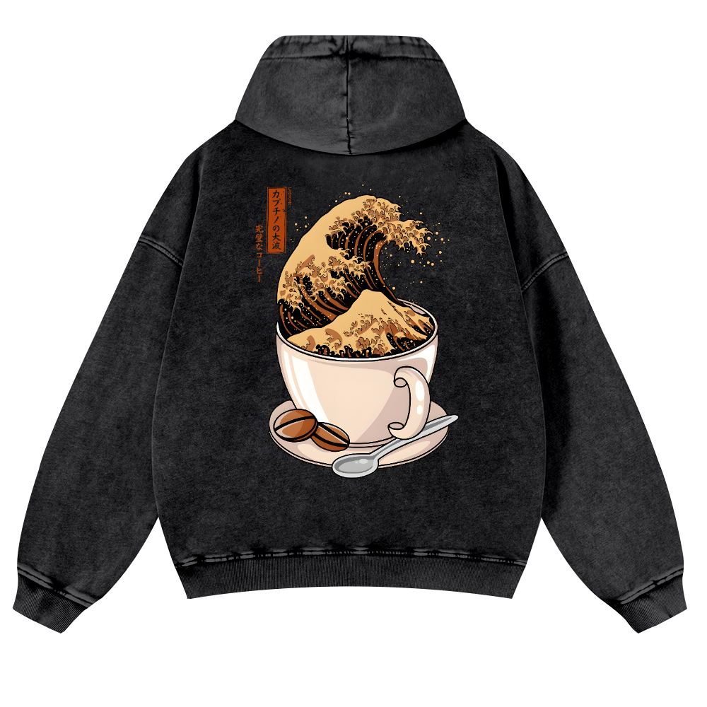 Katsushika Hokusai Coffee Wave Vintage Washed Cotton Back Art Hoodie