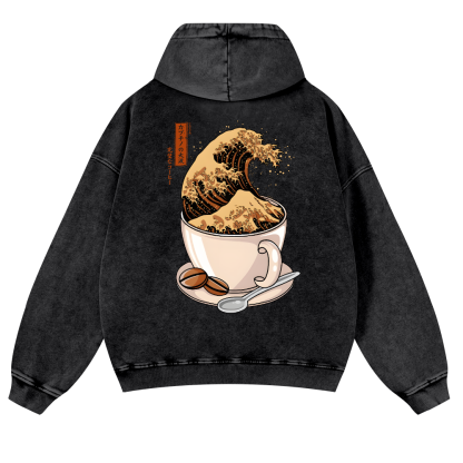 Katsushika Hokusai Coffee Wave Vintage Washed Cotton Back Art Hoodie