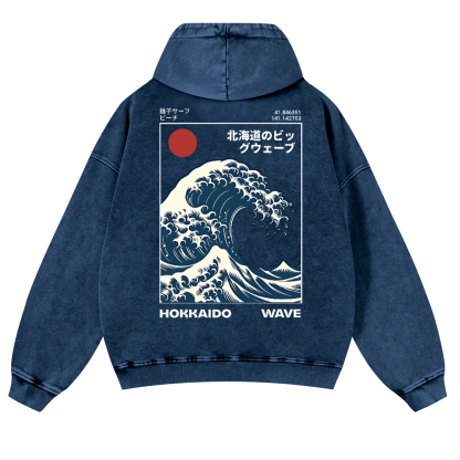 Katsushika Hokusai Hokkaido Wave Ukiyoe Vintage Washed Cotton Back Art Hoodie