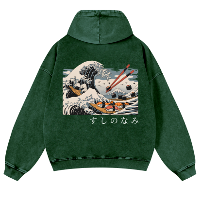 Sushi Kanagawa Katsushika Hokusai Wave Ukiyoe Vintage Washed Cotton Back Art Hoodie