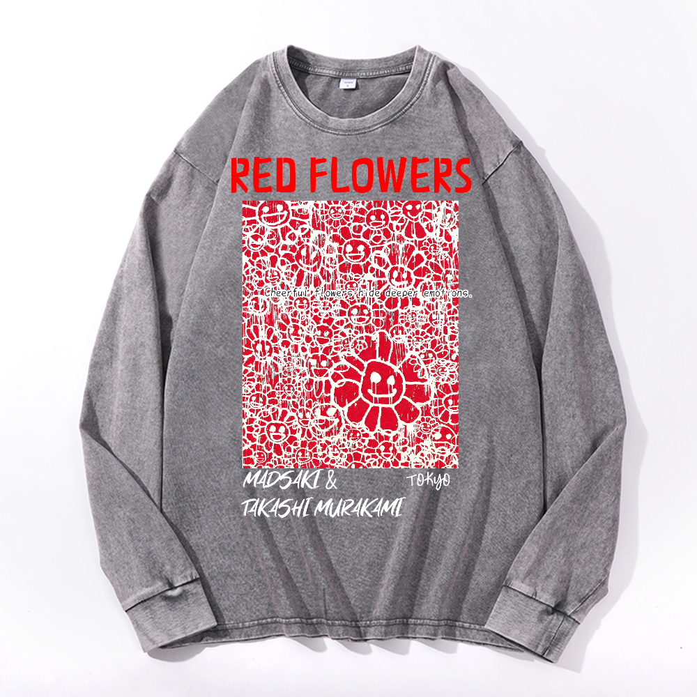 Madsaki Red Flowers TM Vintage Cotton Wash Crewneck Sweatshirt