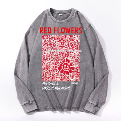 Madsaki Red Flowers TM Vintage Cotton Wash Crewneck Sweatshirt