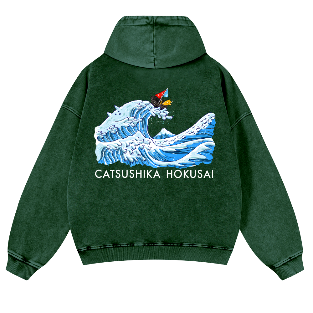 Katsushika Hokusai Cat Wave Vintage Washed Cotton Back Art Hoodie
