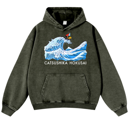 Katsushika Hokusai Cat Vintage Washed Thick Cotton Hoodie