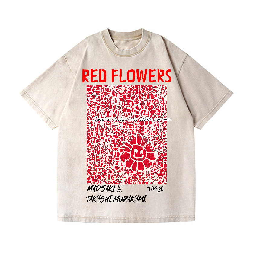 Red Flowers TM Vintage Wash Japanese Design T-Shirt
